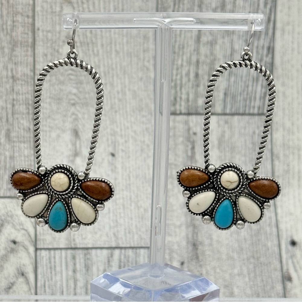 Turquoise Brown Ivory Stone Dangle Earrings NWT - Picture 2 of 5